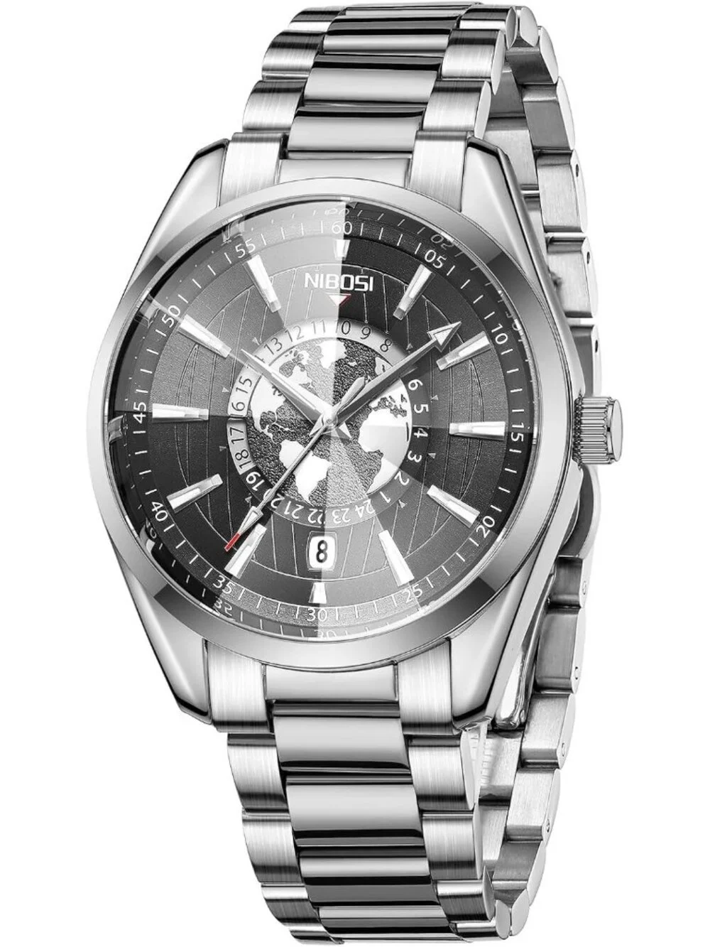 Men's Silver Black Analog Quartz Stainless Steel Waterproof Casual Wrist Watch
